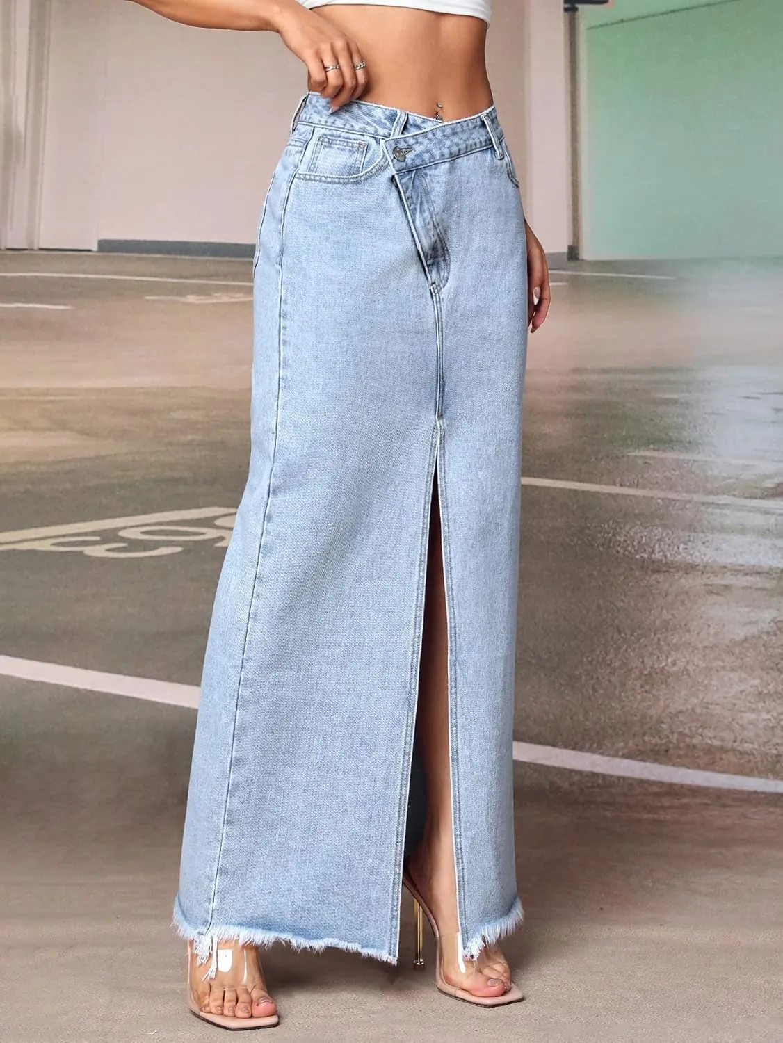 SweatyRocks Women's Wrap Waist Zipper Fly Raw Hem Denim Skirt Split Thigh Maxi Skirts