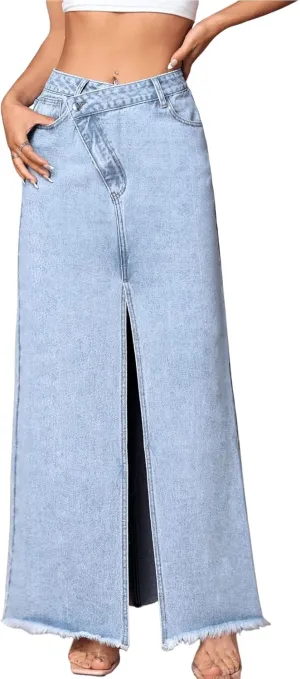 SweatyRocks Women's Wrap Waist Zipper Fly Raw Hem Denim Skirt Split Thigh Maxi Skirts