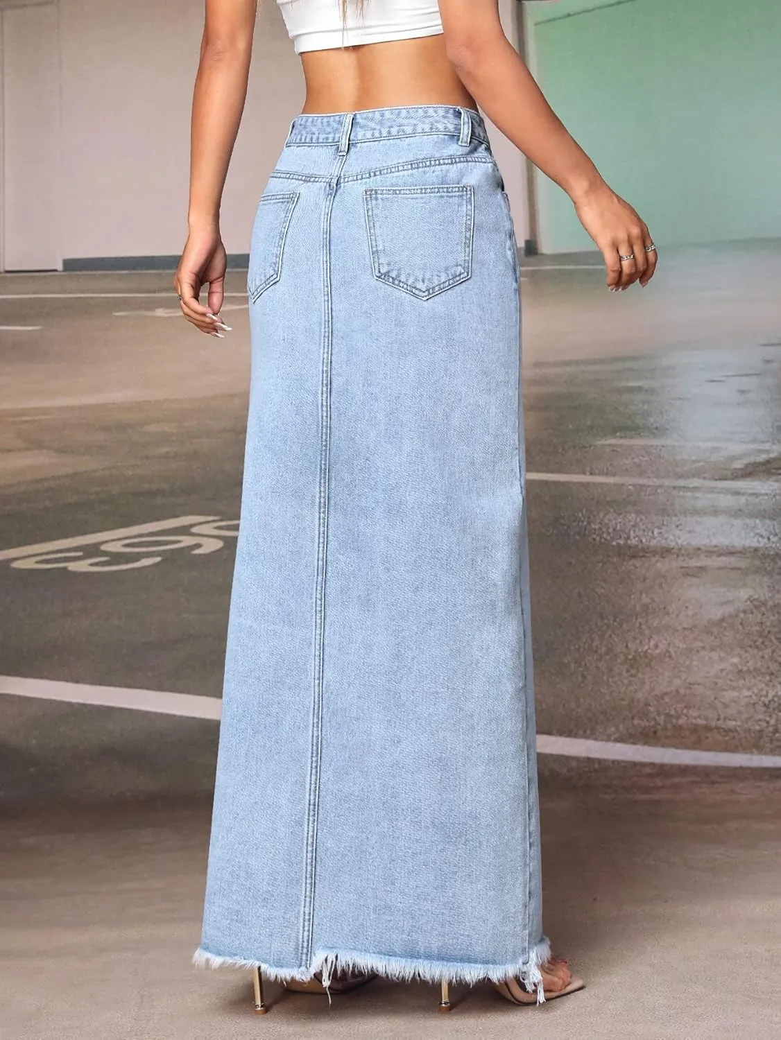 SweatyRocks Women's Wrap Waist Zipper Fly Raw Hem Denim Skirt Split Thigh Maxi Skirts