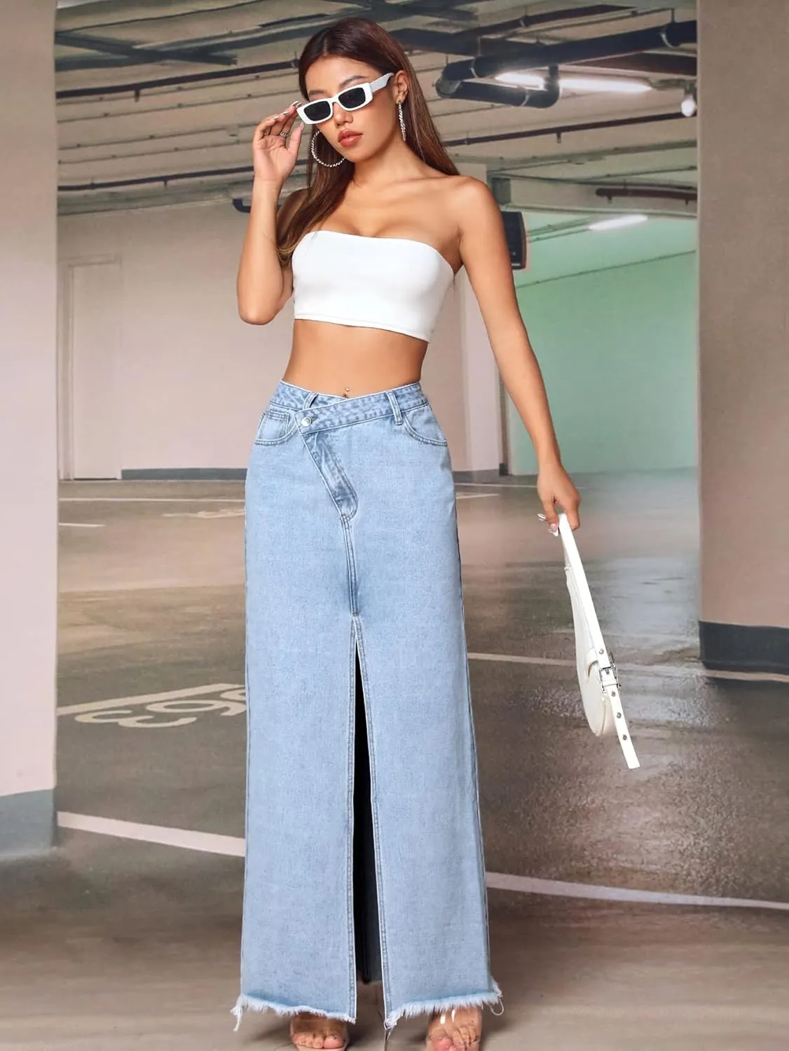 SweatyRocks Women's Wrap Waist Zipper Fly Raw Hem Denim Skirt Split Thigh Maxi Skirts