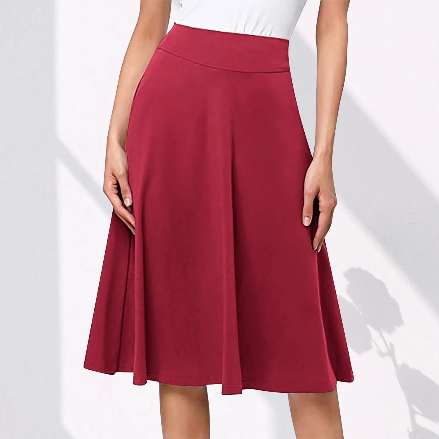 TANGNADE Plus Size Midi Skirt Summer Elastic High Waisted A-Line Flowy Below Knee Skirts Flare A-Line Skirt Business Casual