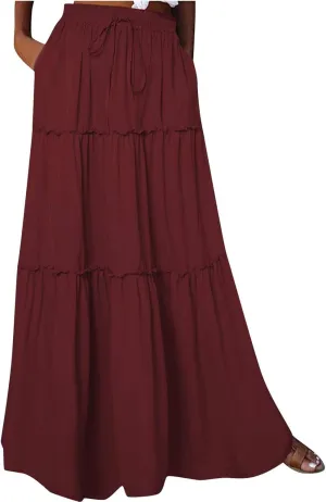 TANGNADE Womens Skirts Summer Casual Flowy High Waisted Tiered Maxi Skirt Spring Trendy Beach Ladies Skirts Long Length