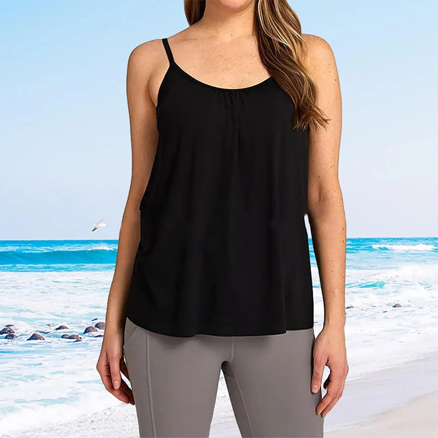 Tank Top with Built in Bra for Women Women's Cool Flowy Bra Cami | with Built-in Cups | Relaxed Fit | Adjustable Spaghetti