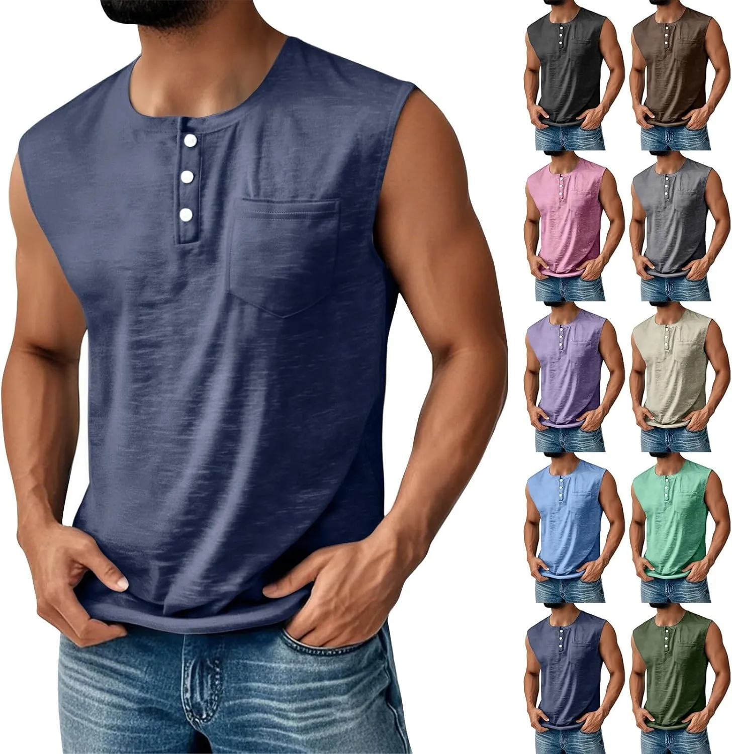 Tank Tops Men Sleeveless Henley Shirts for Men Distressed Washed Button Down T-Shirt Summer Vintage Muscle Solid Tees