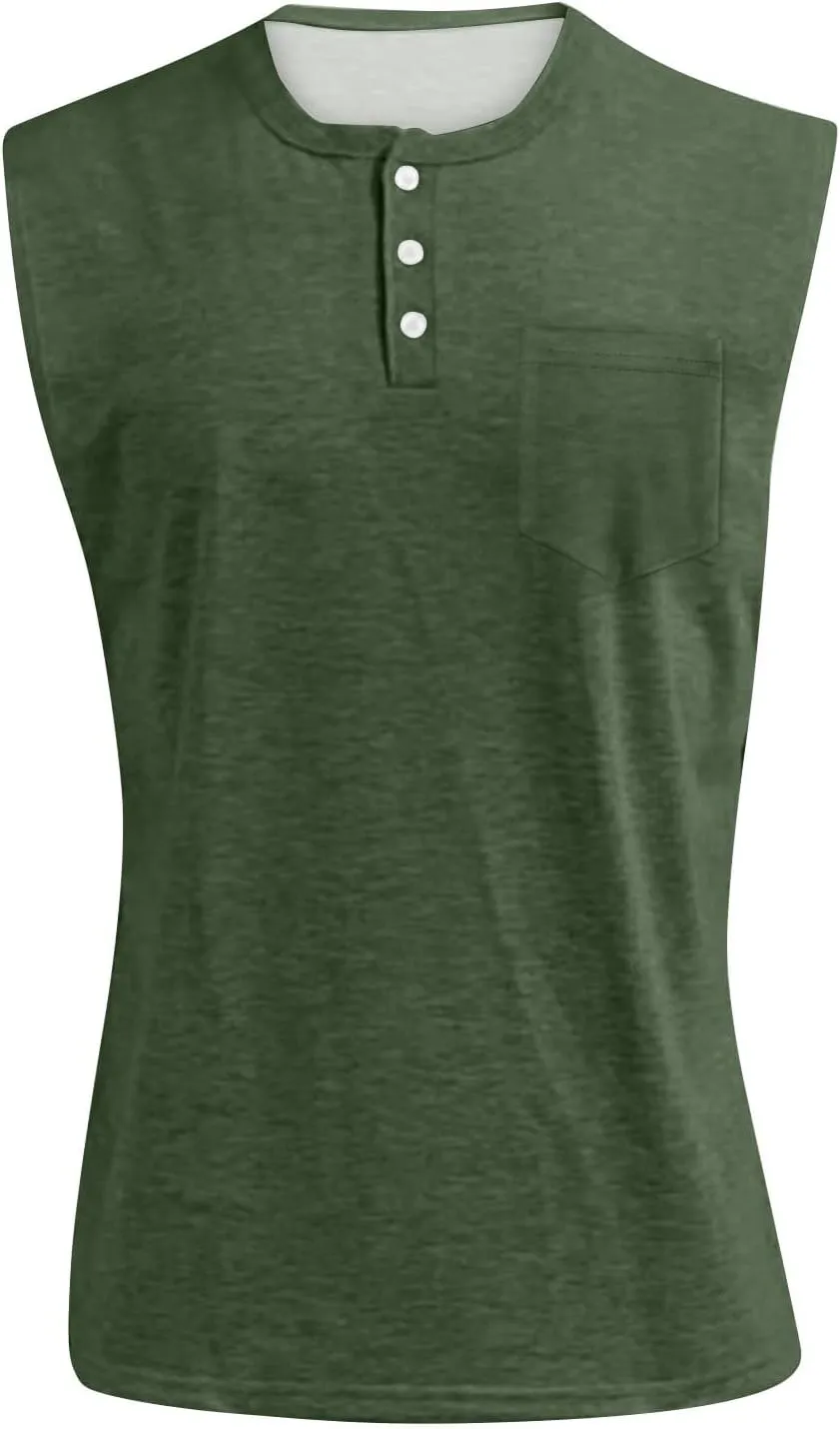 Tank Tops Men Sleeveless Henley Shirts for Men Distressed Washed Button Down T-Shirt Summer Vintage Muscle Solid Tees