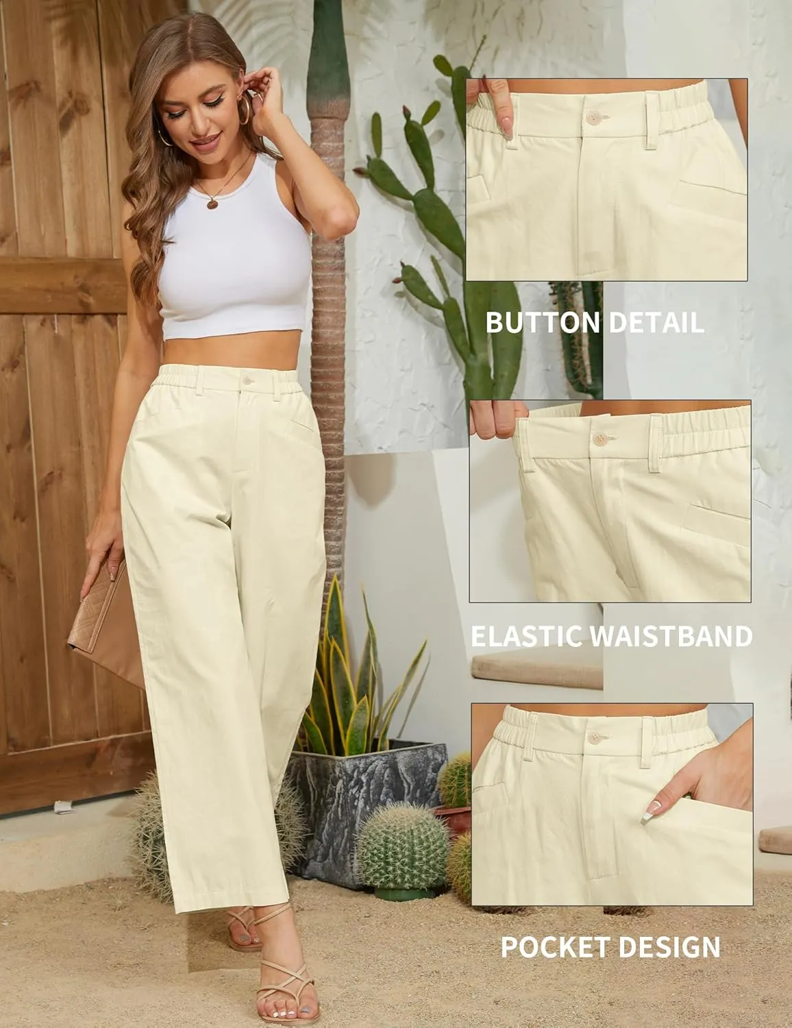 TBA Wide Leg Pants for Women Lightweight Cotton Straight Trousers with Pockets Elastic High Waist Button Lounge Pants