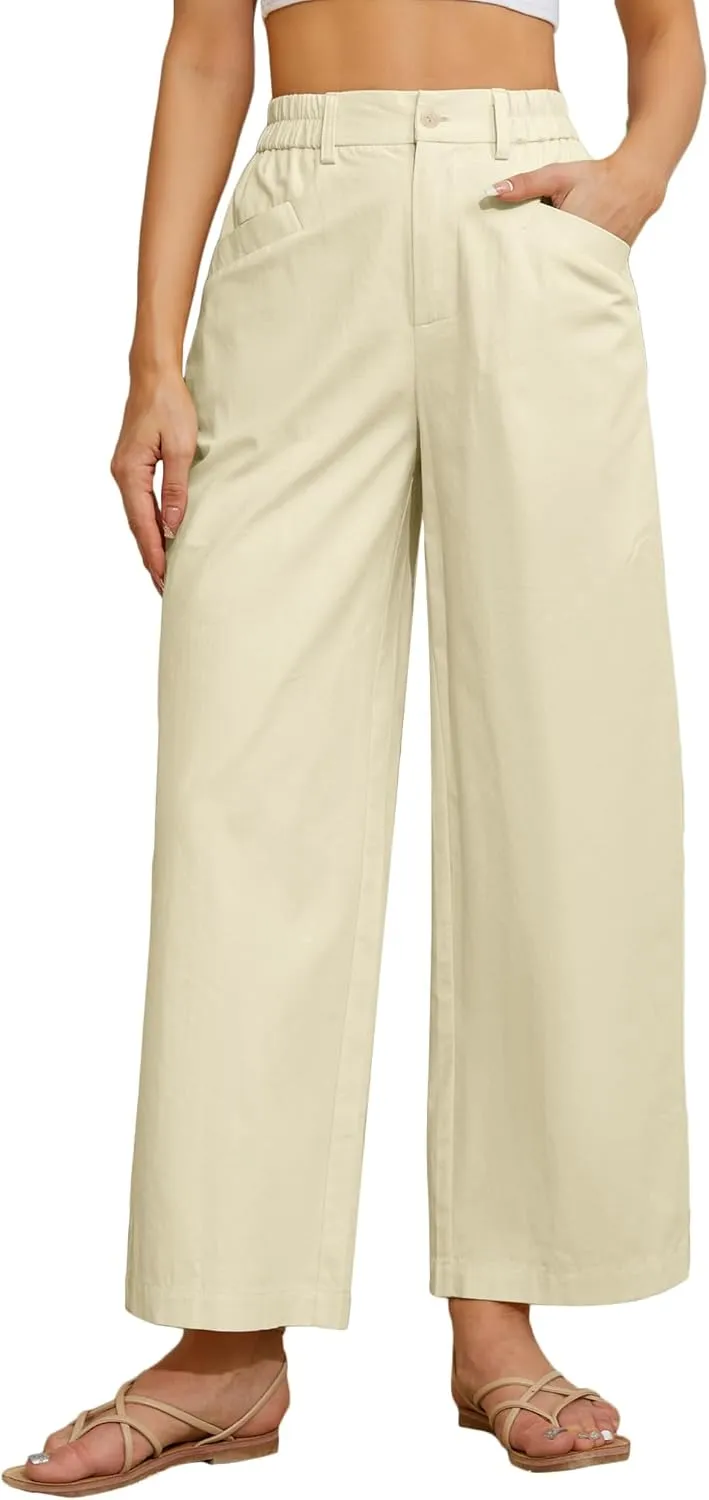 TBA Wide Leg Pants for Women Lightweight Cotton Straight Trousers with Pockets Elastic High Waist Button Lounge Pants