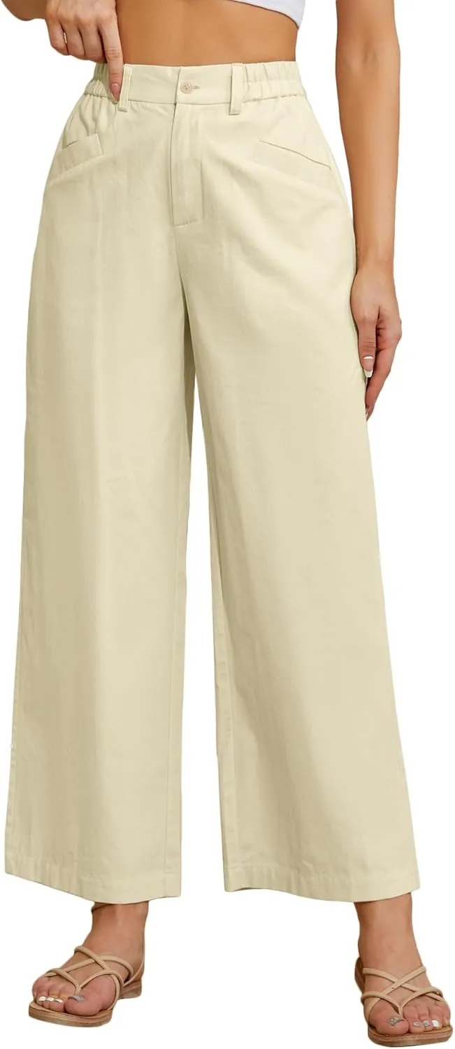 TBA Wide Leg Pants for Women Lightweight Cotton Straight Trousers with Pockets Elastic High Waist Button Lounge Pants
