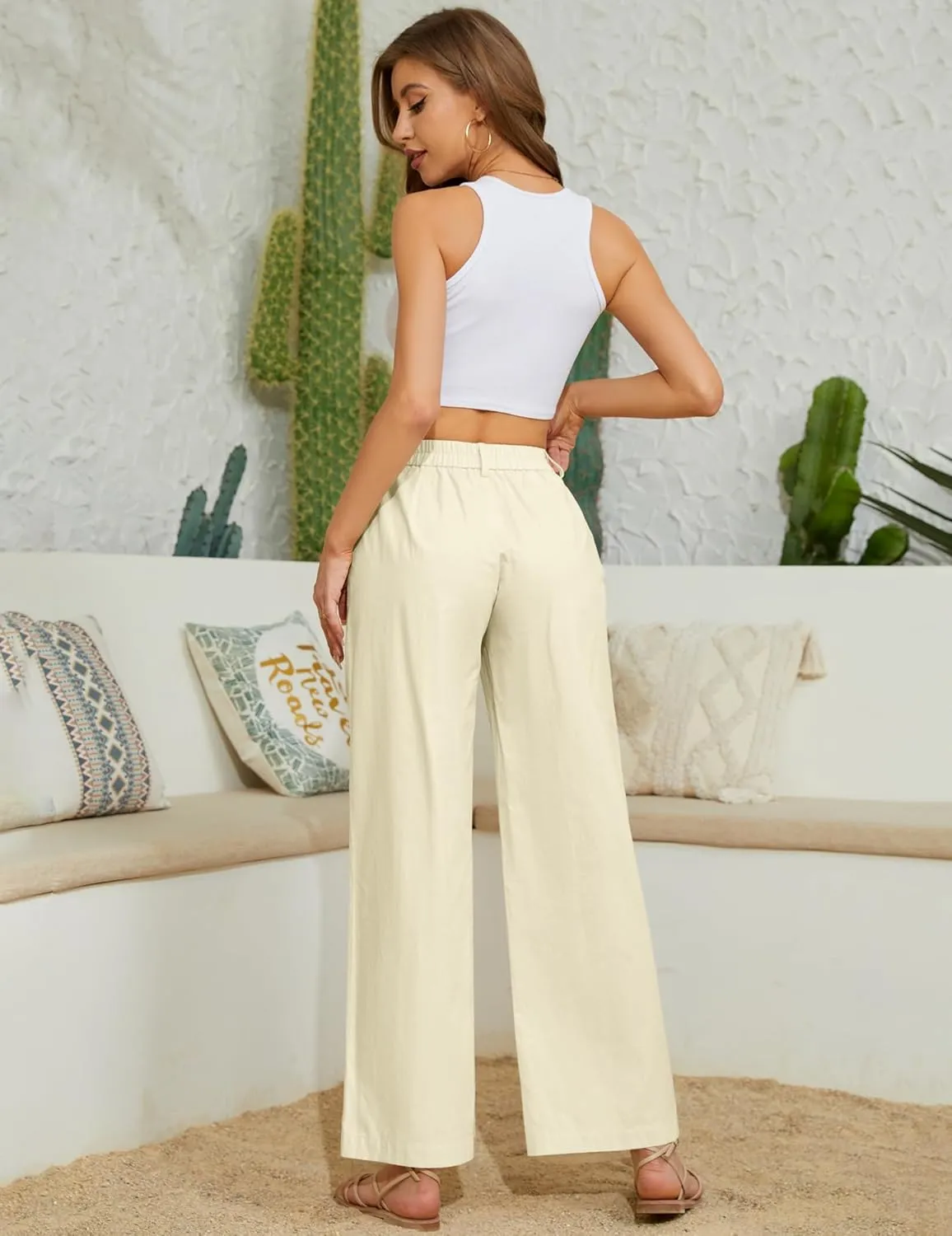 TBA Wide Leg Pants for Women Lightweight Cotton Straight Trousers with Pockets Elastic High Waist Button Lounge Pants