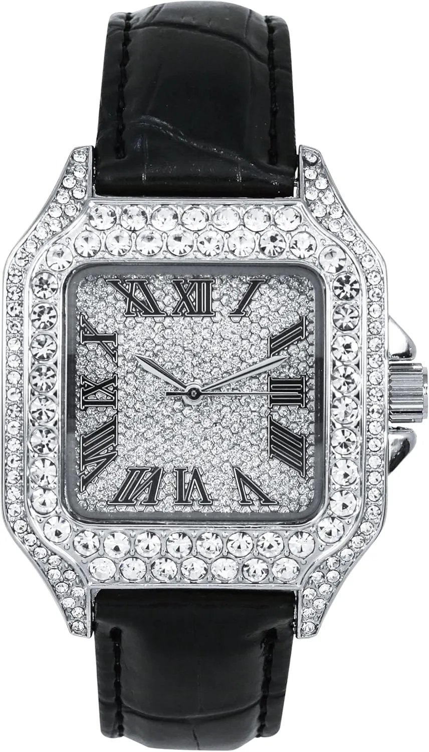 Techno Pave Men's 32mm Iced Out Leather Band Watch  Square Shape, Roman Dial, Luxury Hip-Hop Style