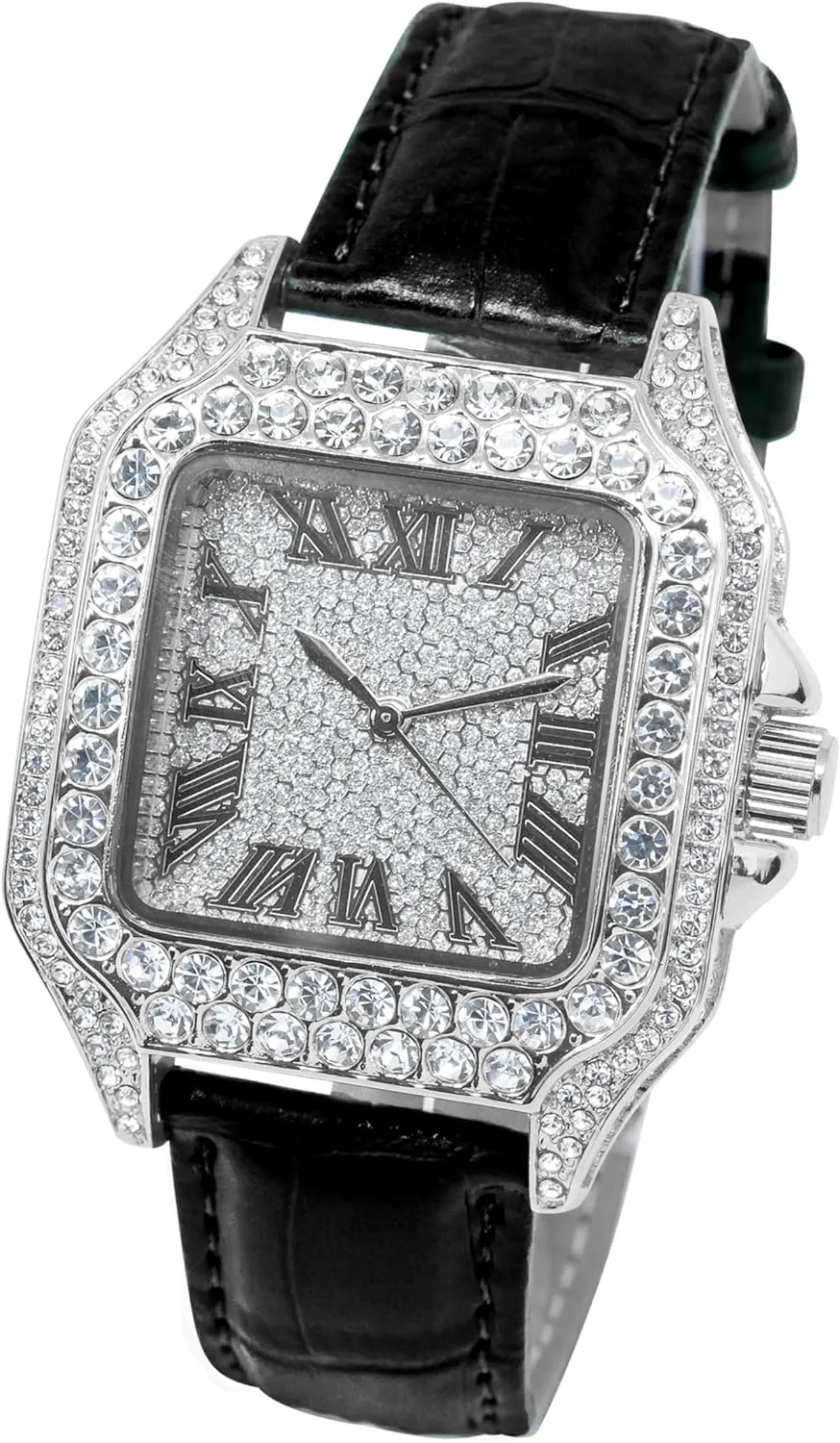 Techno Pave Men's 32mm Iced Out Leather Band Watch  Square Shape, Roman Dial, Luxury Hip-Hop Style