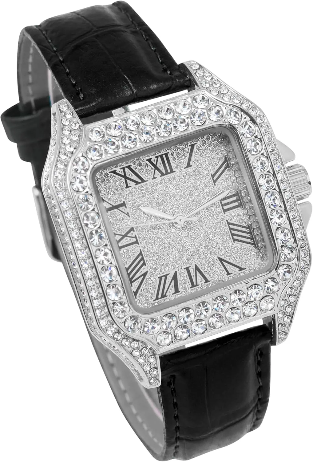 Techno Pave Men's 32mm Iced Out Leather Band Watch  Square Shape, Roman Dial, Luxury Hip-Hop Style