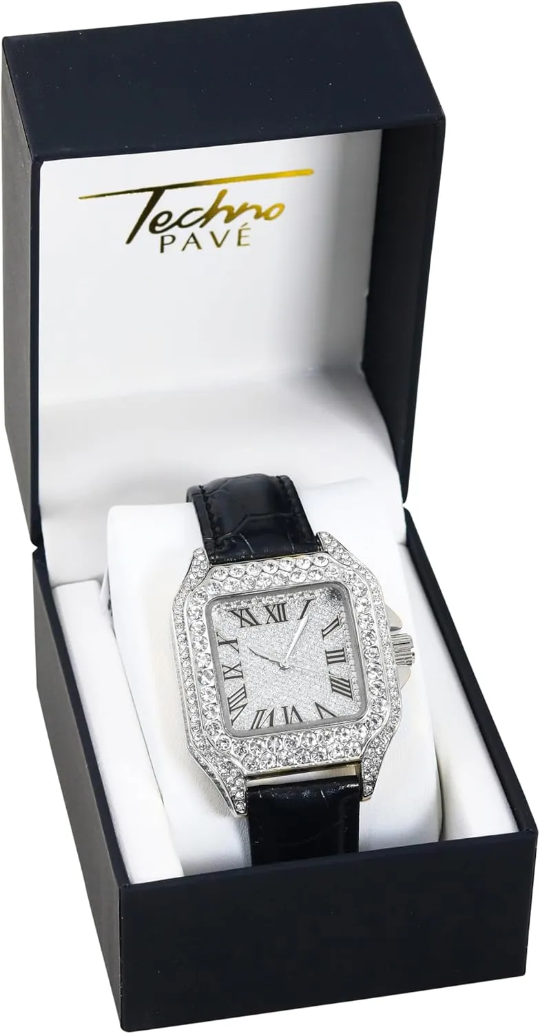 Techno Pave Men's 32mm Iced Out Leather Band Watch  Square Shape, Roman Dial, Luxury Hip-Hop Style