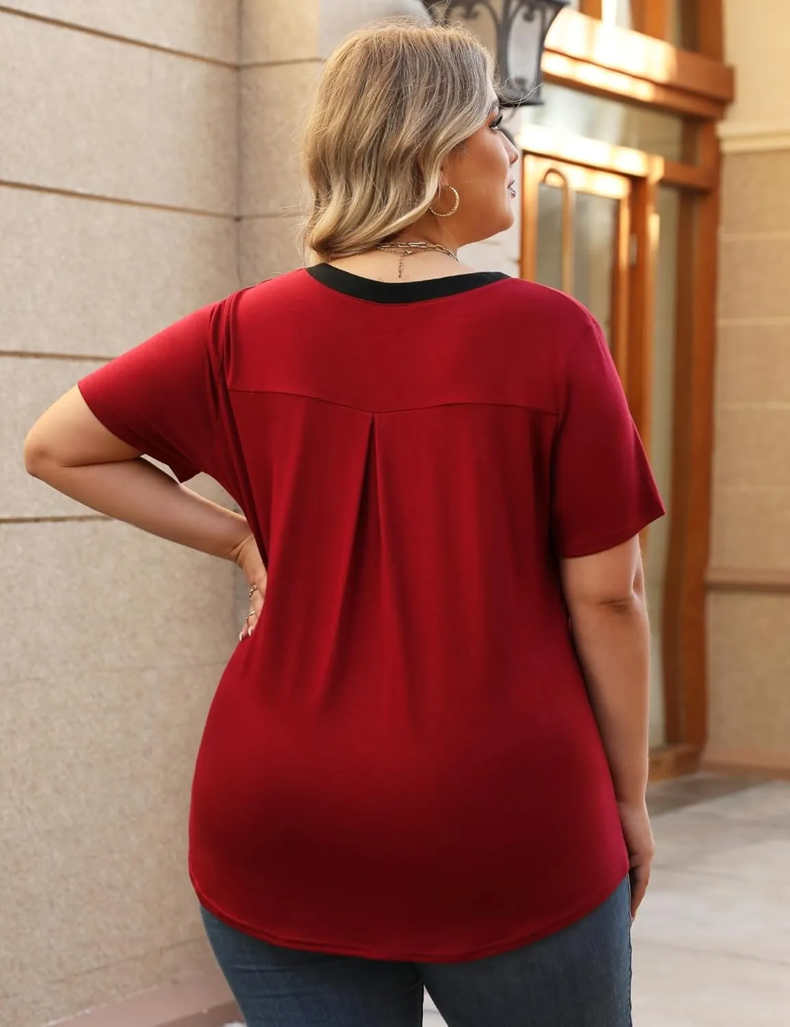 TFSDOD Plus Size Tops for Women V Neck Short Sleeve Casual Shirts Summer 2025