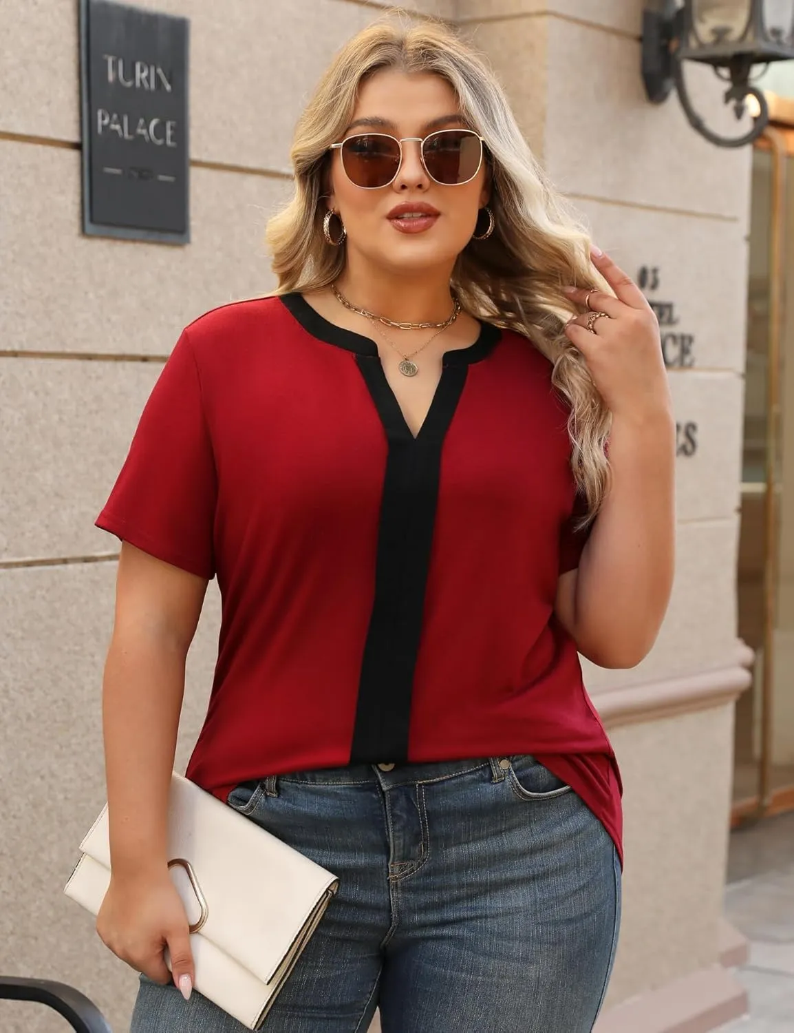 TFSDOD Plus Size Tops for Women V Neck Short Sleeve Casual Shirts Summer 2025