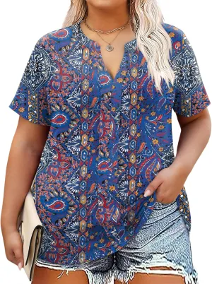 TFSDOD Plus Size Tops for Women V Neck Short Sleeve Casual Shirts Summer 2025