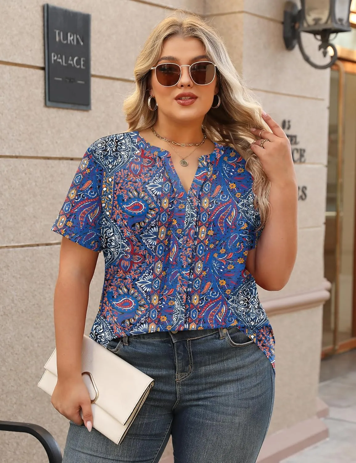 TFSDOD Plus Size Tops for Women V Neck Short Sleeve Casual Shirts Summer 2025