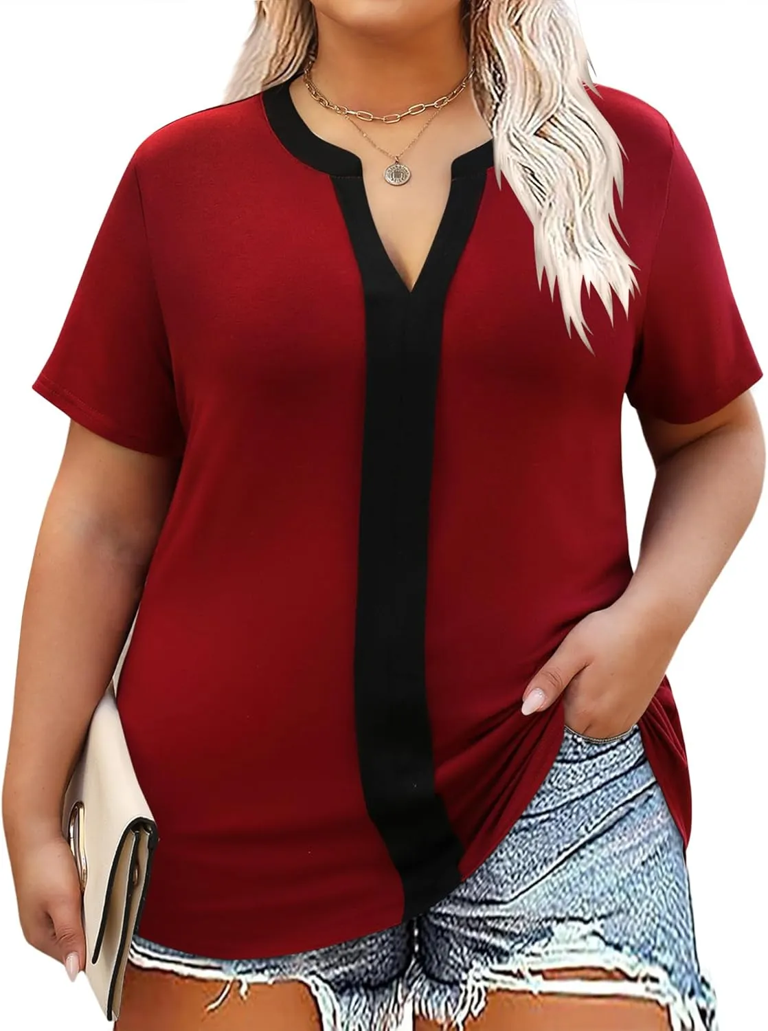 TFSDOD Plus Size Tops for Women V Neck Short Sleeve Casual Shirts Summer 2025