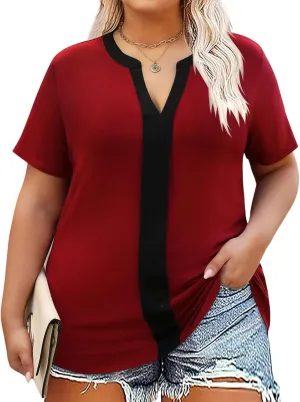 TFSDOD Plus Size Tops for Women V Neck Short Sleeve Casual Shirts Summer 2025