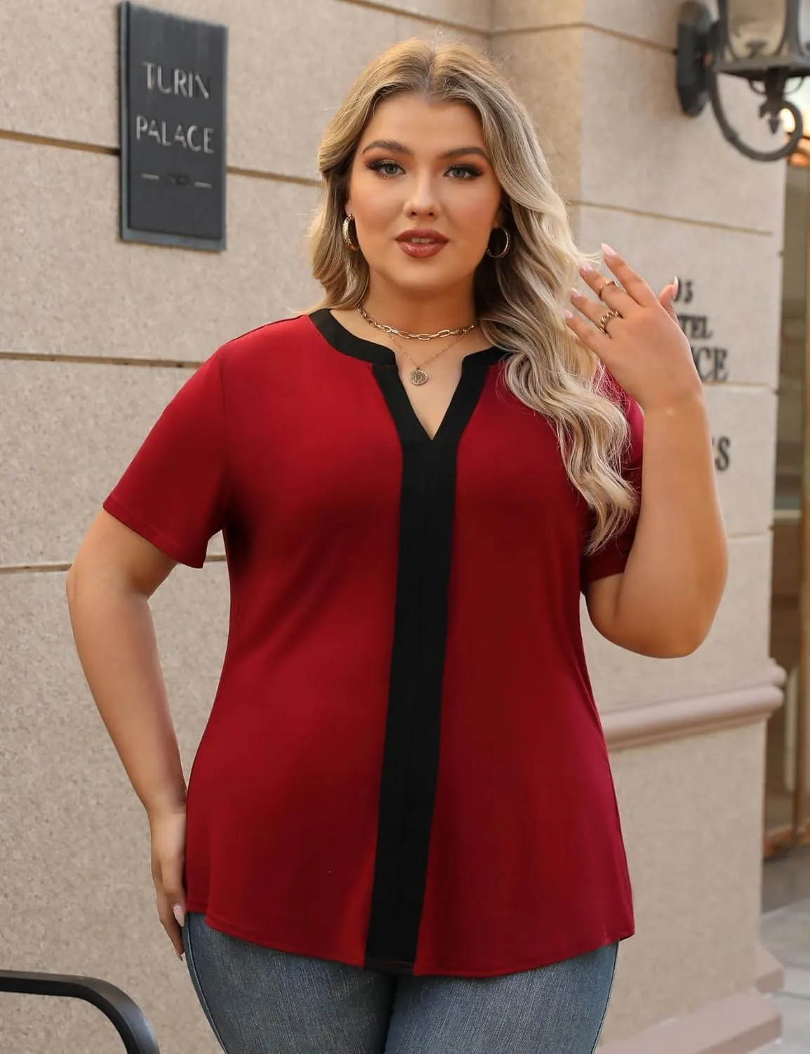 TFSDOD Plus Size Tops for Women V Neck Short Sleeve Casual Shirts Summer 2025