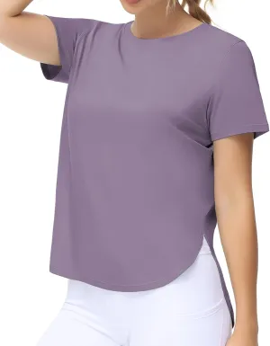 THE GYM PEOPLE Women's Workout T-Shirts Loose Fit Short Sleeve Cotton Running Basic Tee Tops with Split Hem