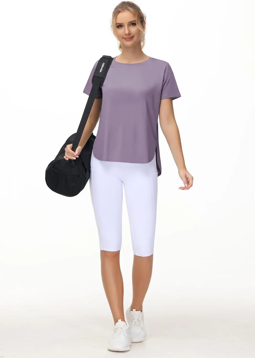 THE GYM PEOPLE Women's Workout T-Shirts Loose Fit Short Sleeve Cotton Running Basic Tee Tops with Split Hem