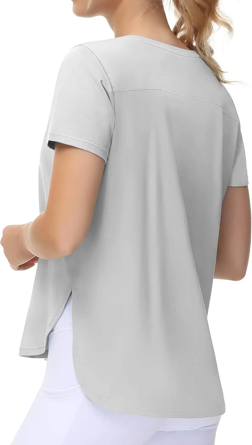 THE GYM PEOPLE Women's Workout T-Shirts Loose Fit Short Sleeve Cotton Running Basic Tee Tops with Split Hem
