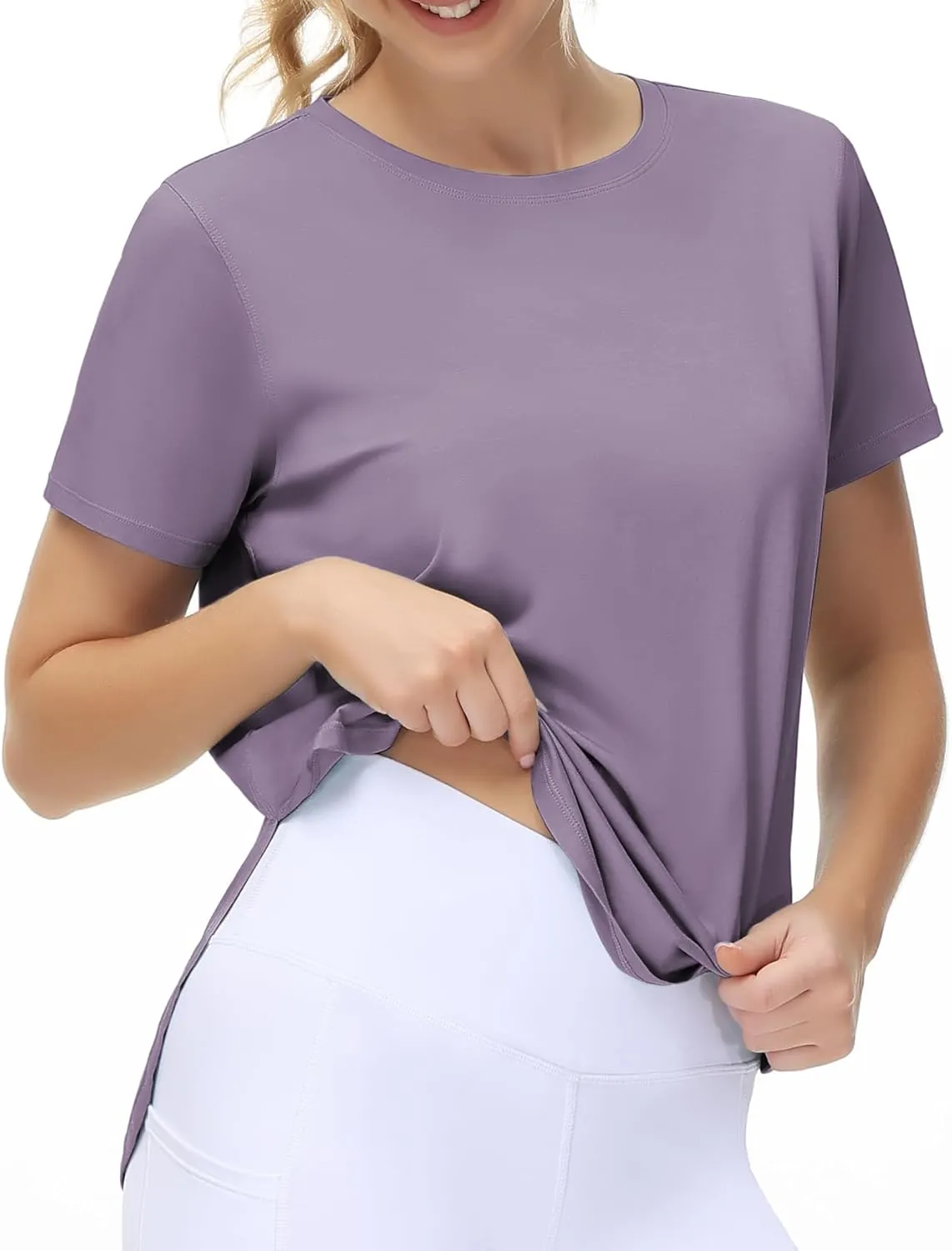 THE GYM PEOPLE Women's Workout T-Shirts Loose Fit Short Sleeve Cotton Running Basic Tee Tops with Split Hem