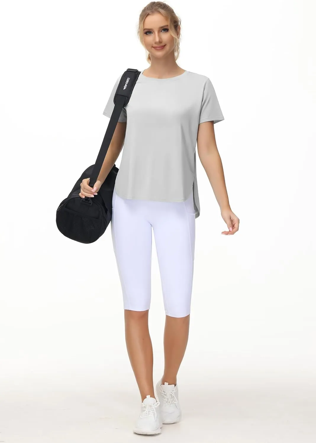 THE GYM PEOPLE Women's Workout T-Shirts Loose Fit Short Sleeve Cotton Running Basic Tee Tops with Split Hem