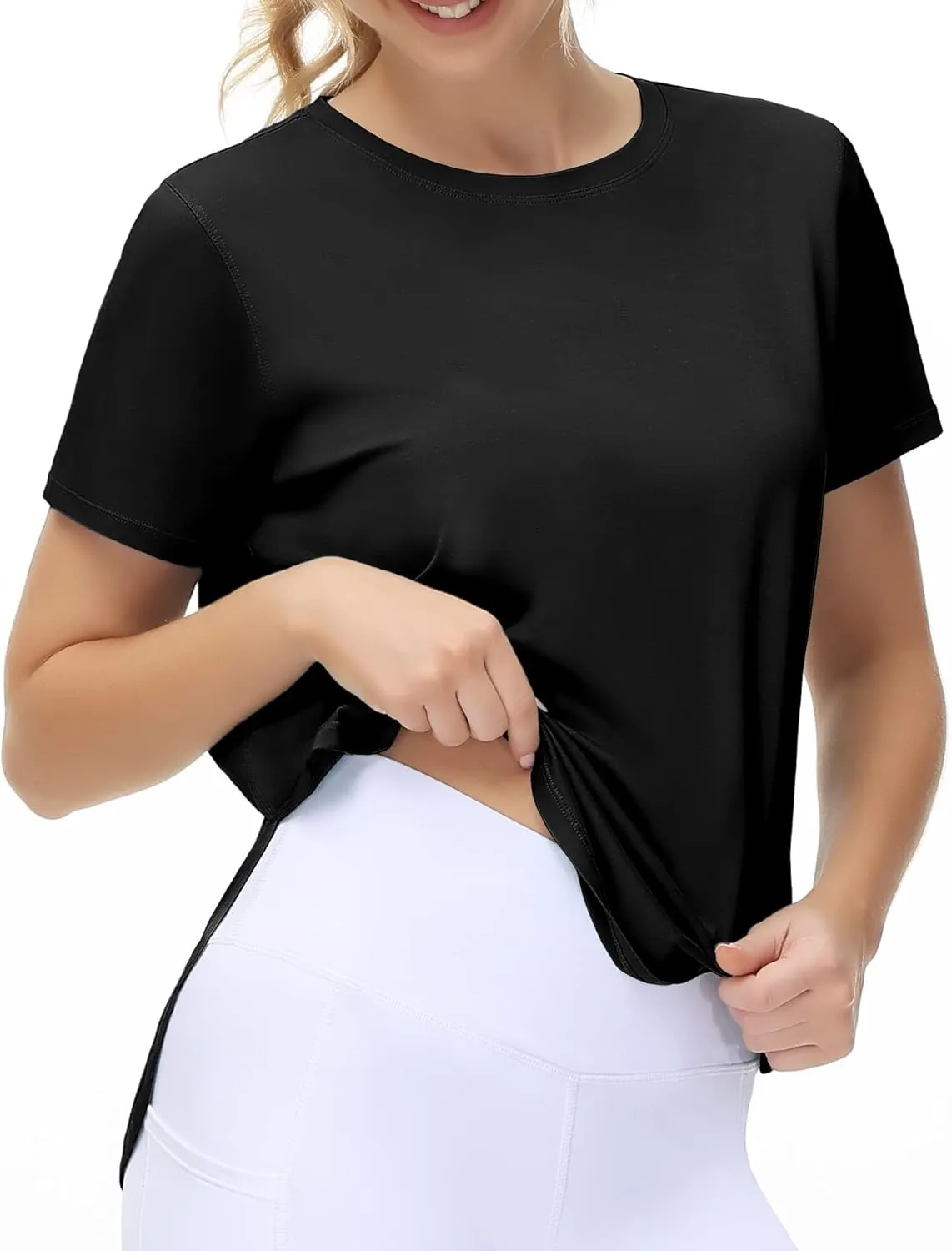 THE GYM PEOPLE Women's Workout T-Shirts Loose Fit Short Sleeve Cotton Running Basic Tee Tops with Split Hem