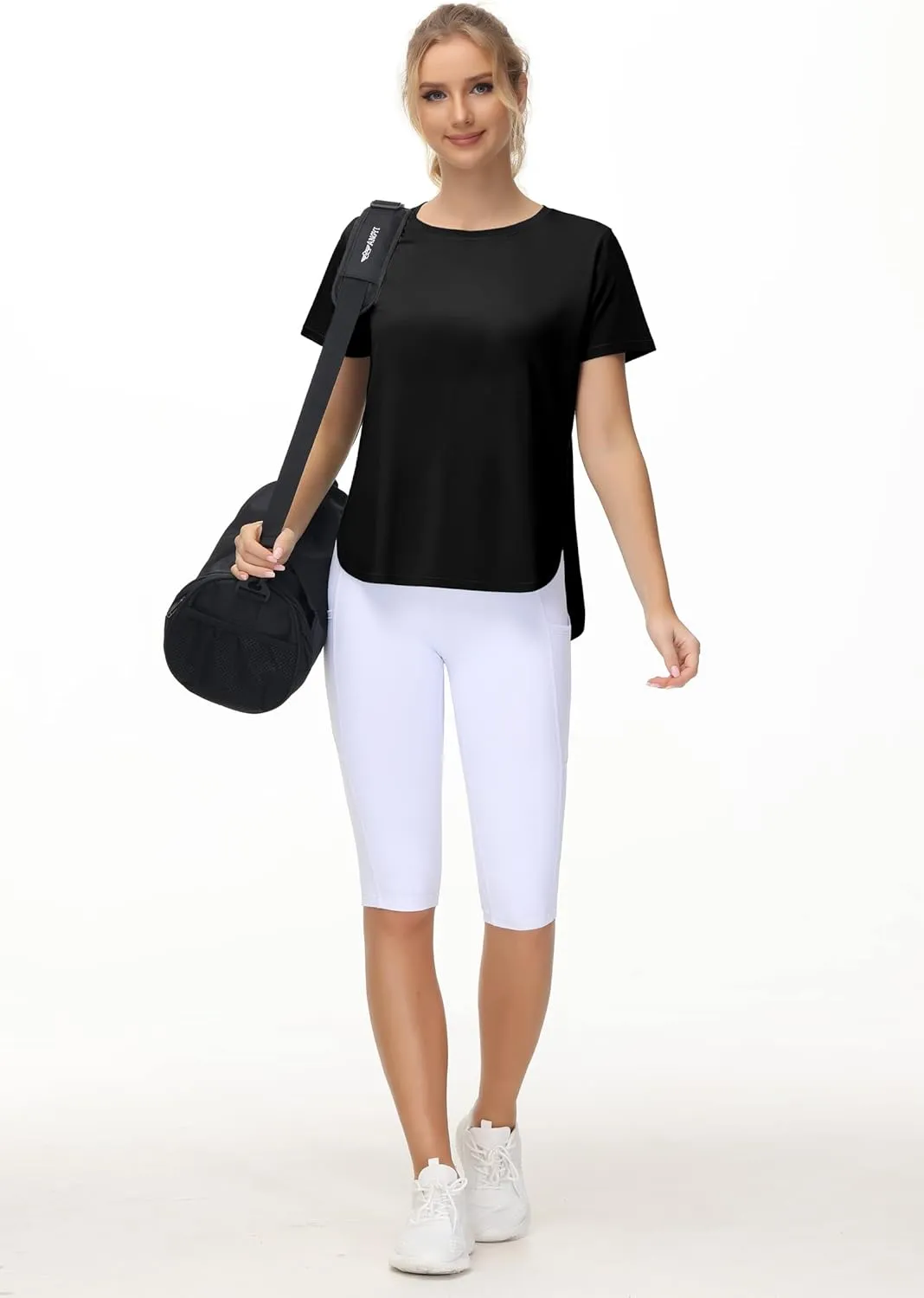 THE GYM PEOPLE Women's Workout T-Shirts Loose Fit Short Sleeve Cotton Running Basic Tee Tops with Split Hem