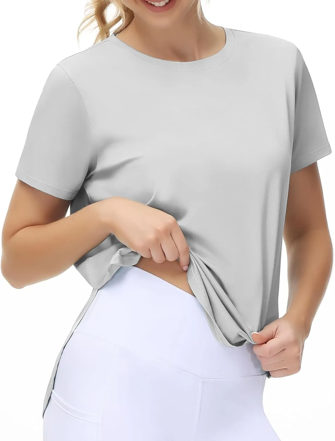 THE GYM PEOPLE Women's Workout T-Shirts Loose Fit Short Sleeve Cotton Running Basic Tee Tops with Split Hem