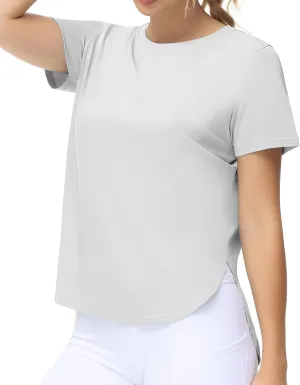 THE GYM PEOPLE Women's Workout T-Shirts Loose Fit Short Sleeve Cotton Running Basic Tee Tops with Split Hem