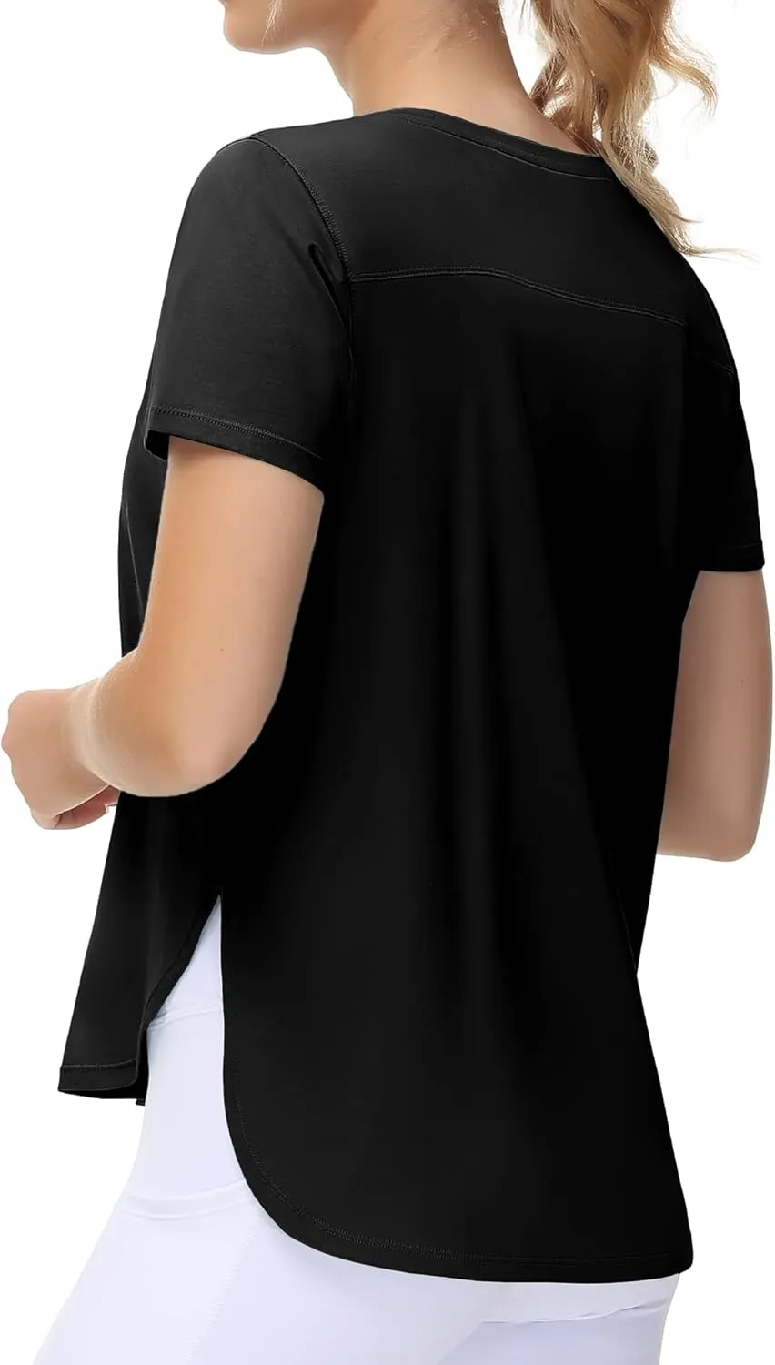 THE GYM PEOPLE Women's Workout T-Shirts Loose Fit Short Sleeve Cotton Running Basic Tee Tops with Split Hem