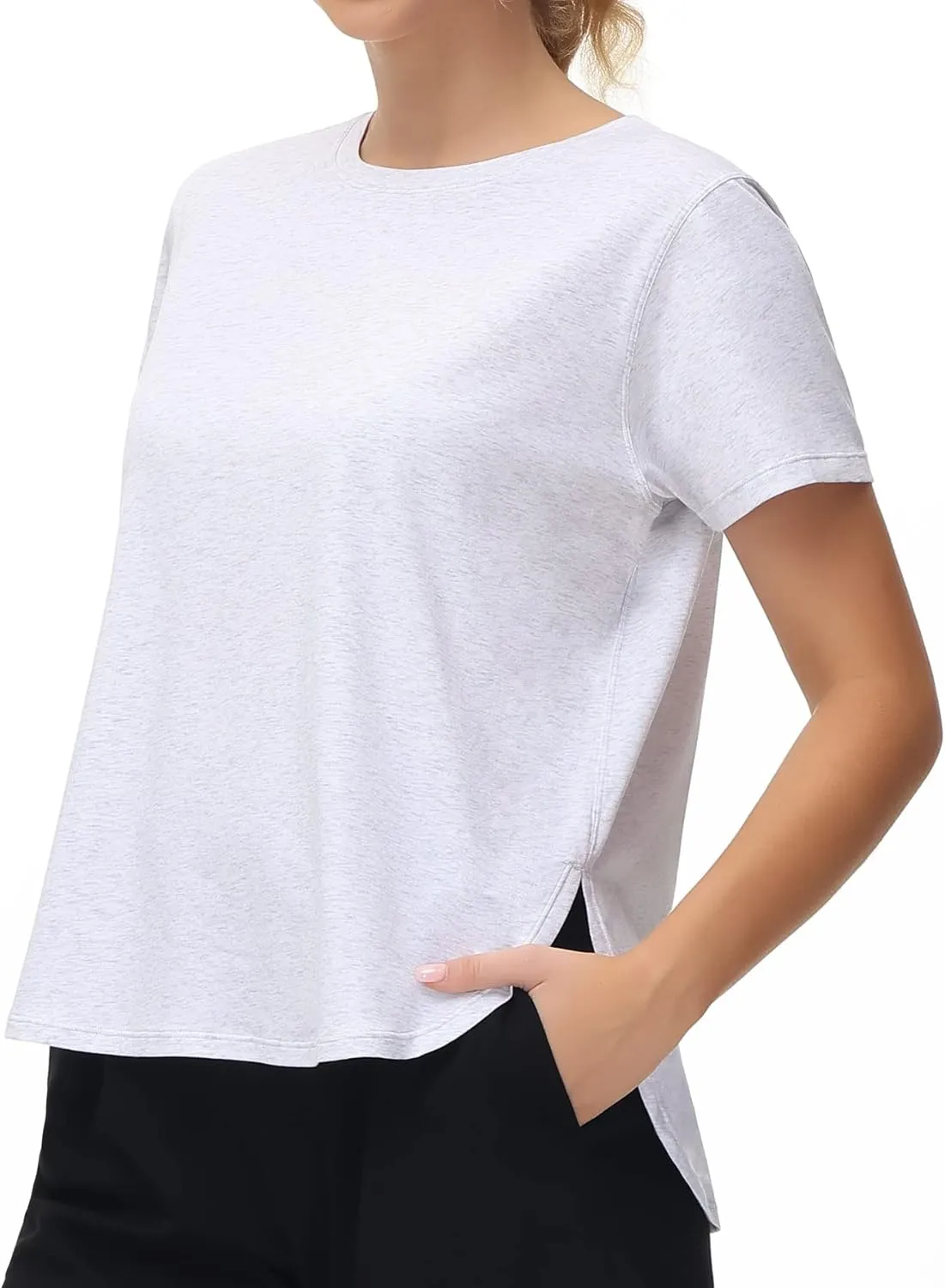 THE GYM PEOPLE Women's Workout T-Shirts Loose Fit Short Sleeve Cotton Running Basic Tee Tops with Split Hem