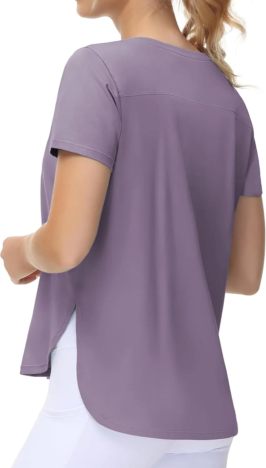 THE GYM PEOPLE Women's Workout T-Shirts Loose Fit Short Sleeve Cotton Running Basic Tee Tops with Split Hem