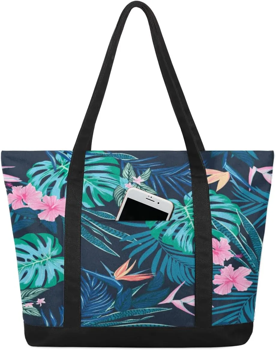 Tropical Leaves Flower Tote Bag for Women Work Canvas Travel Tote Bags with Zipper Large Capacity Casual Handbag with Inner Pockets Reusable Shopping Shoulder Bag for Teacher Nurse