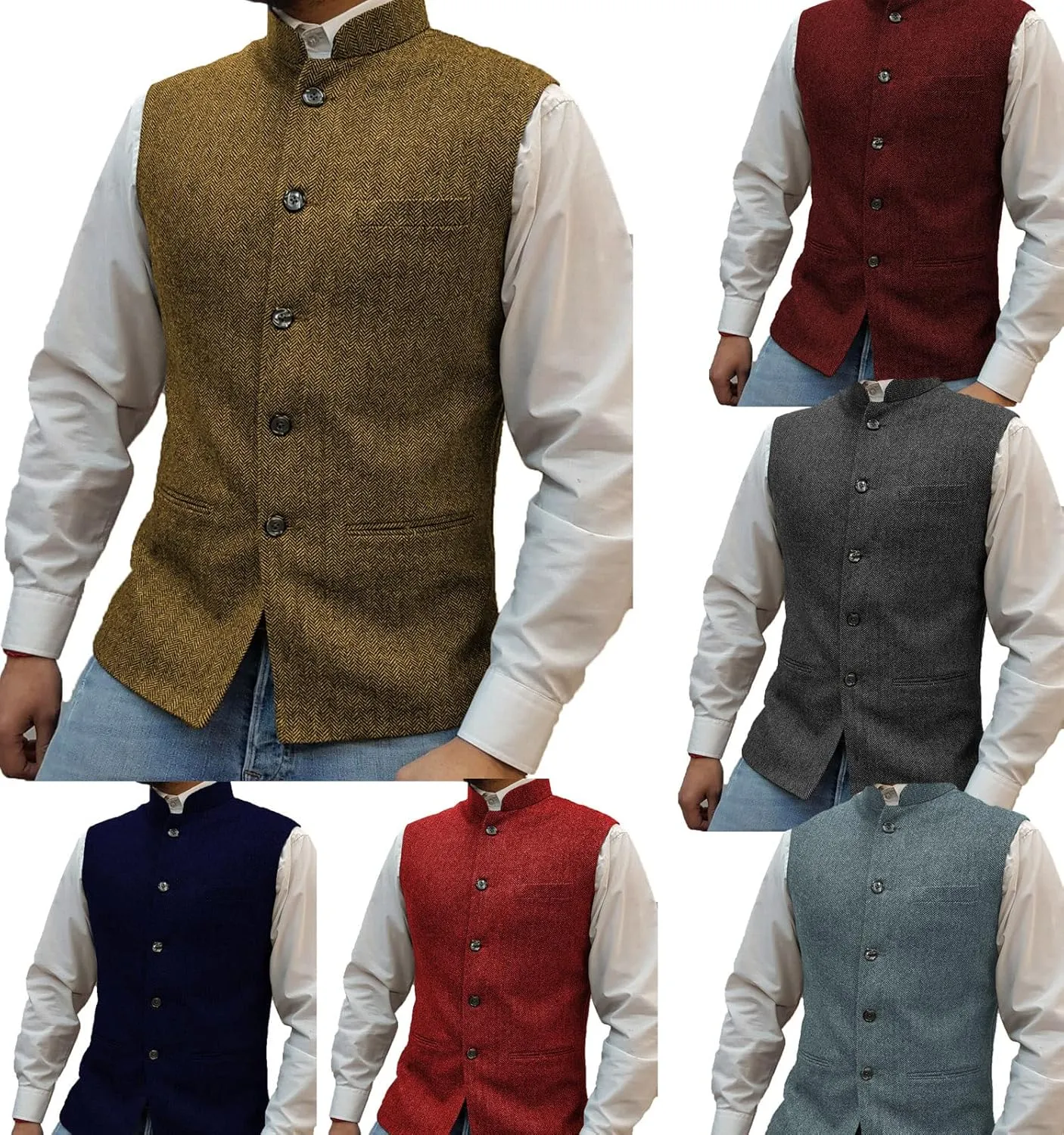 Tuikayoo Mens Herringbone Wool Vests Suit Business Tweed High Collar Waistcoats Slim Fit
