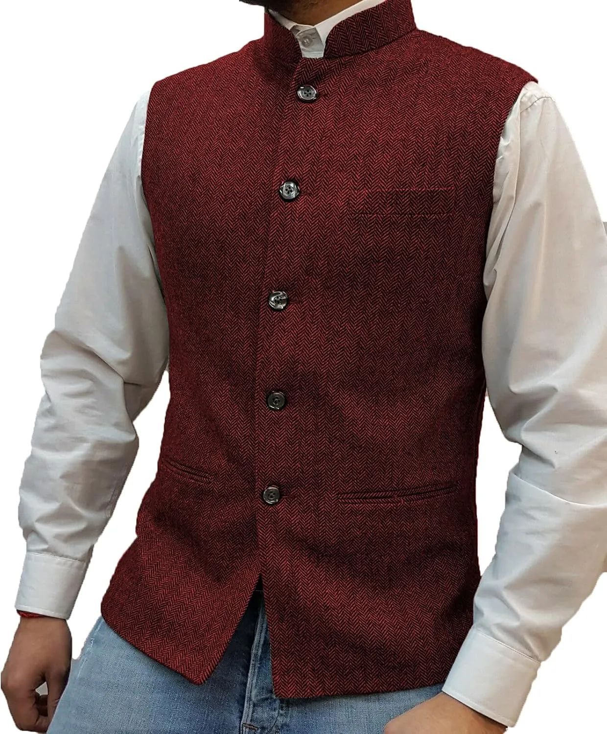 Tuikayoo Mens Herringbone Wool Vests Suit Business Tweed High Collar Waistcoats Slim Fit