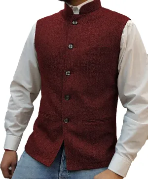 Tuikayoo Mens Herringbone Wool Vests Suit Business Tweed High Collar Waistcoats Slim Fit