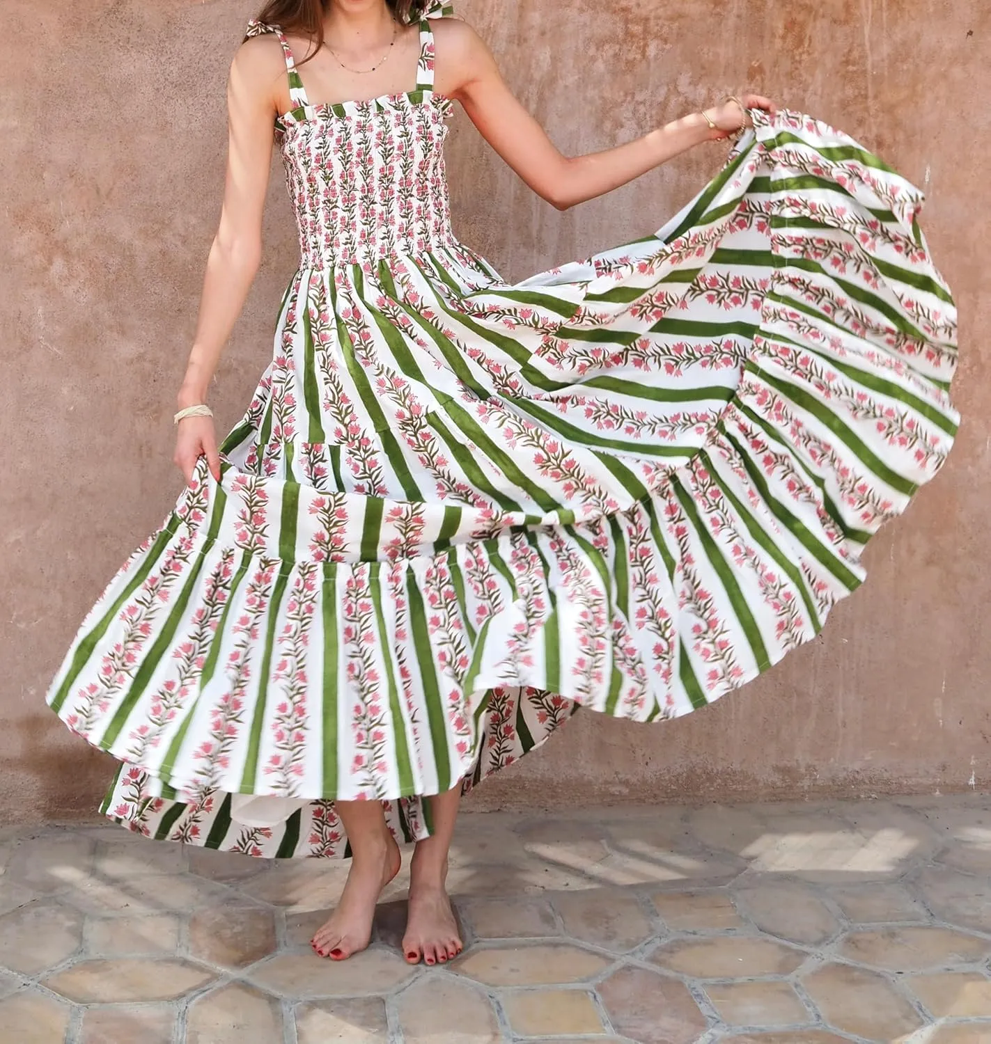 UAURORAO Women Floral Smocked Maxi Dress Frill Ruffle Tiered Flower Long Dresses Boho Flowy Vacation Beach Sundresses