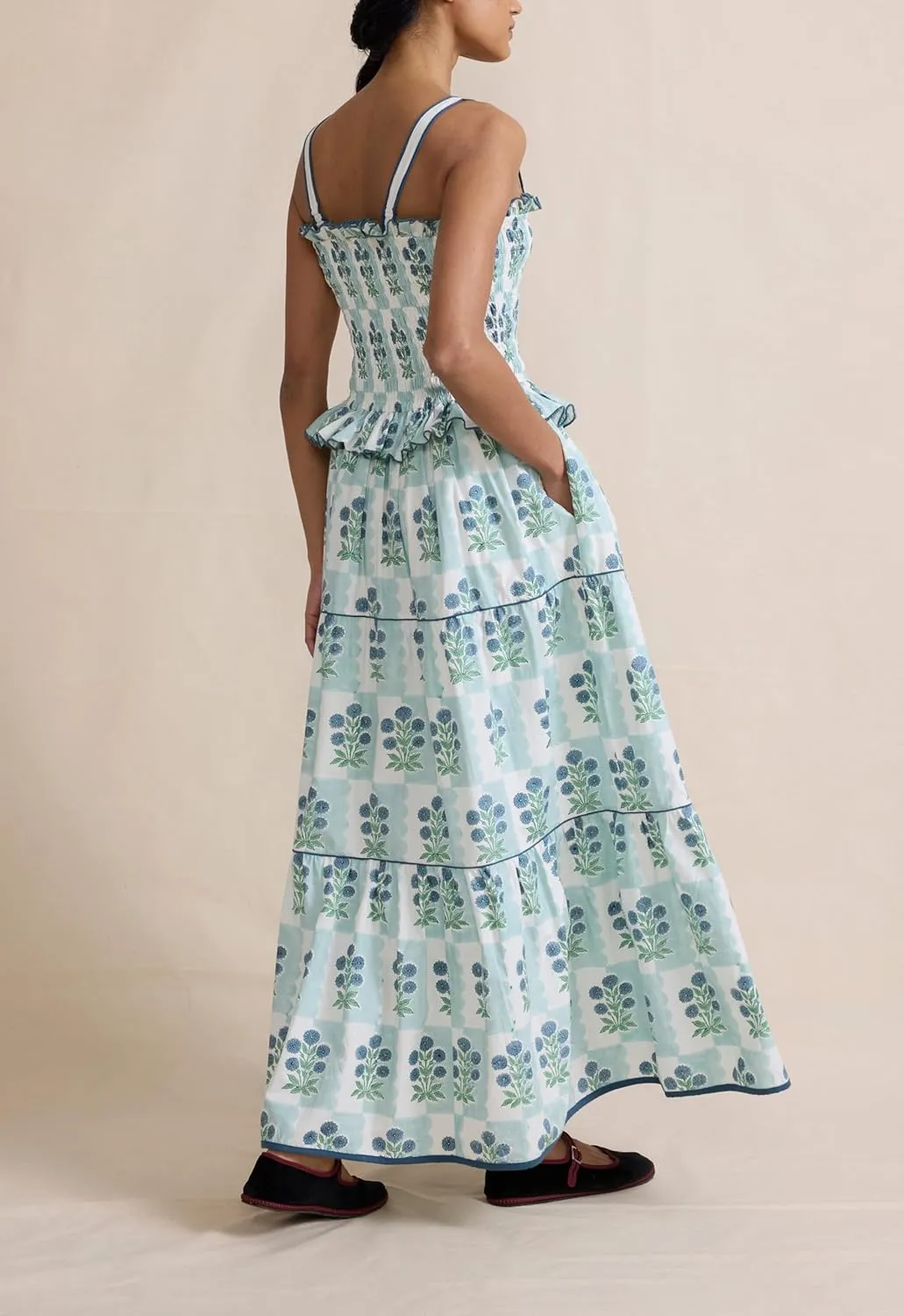 UAURORAO Women Floral Smocked Maxi Dress Frill Ruffle Tiered Flower Long Dresses Boho Flowy Vacation Beach Sundresses