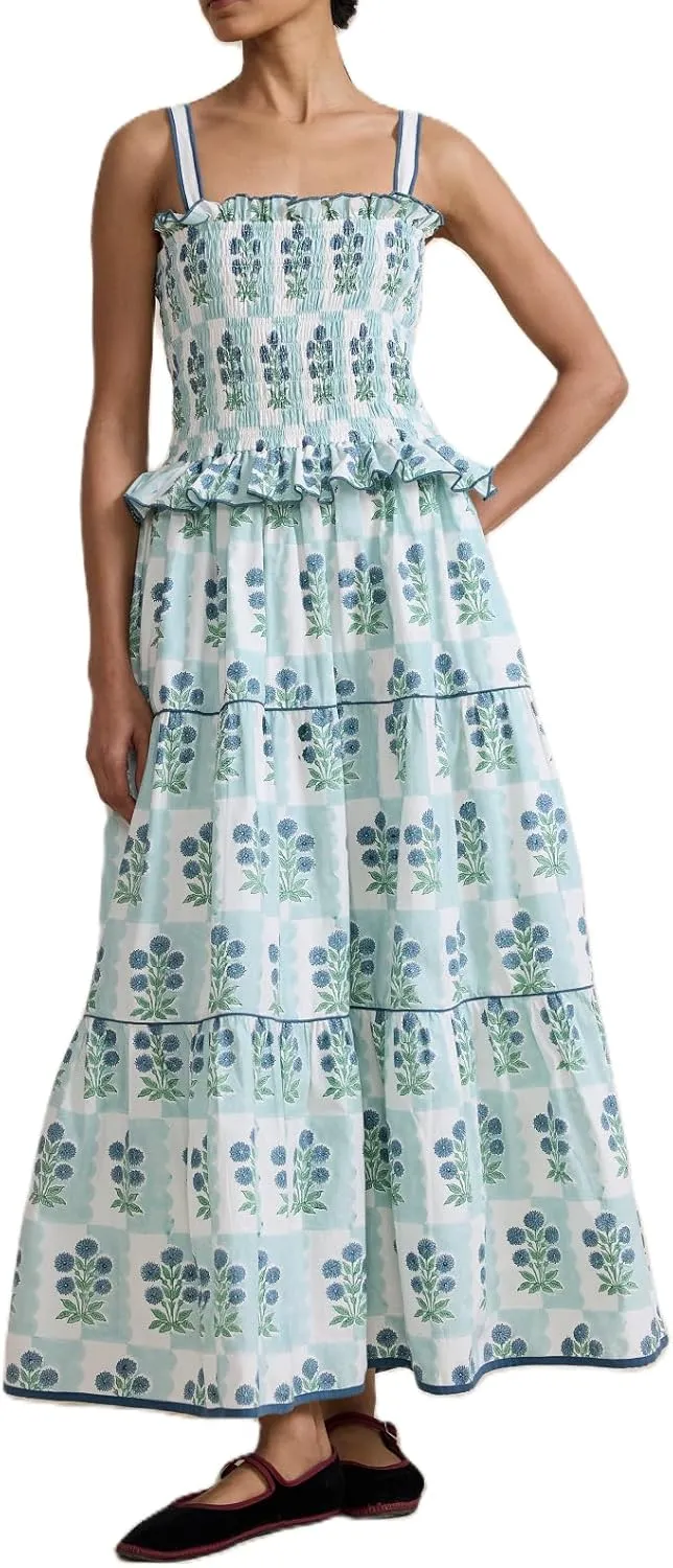 UAURORAO Women Floral Smocked Maxi Dress Frill Ruffle Tiered Flower Long Dresses Boho Flowy Vacation Beach Sundresses
