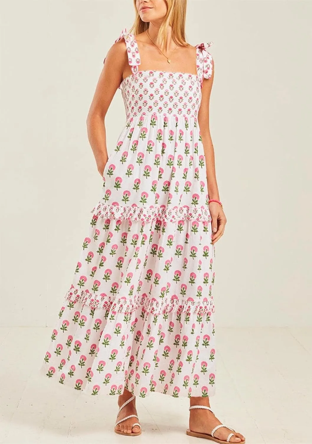UAURORAO Women Floral Smocked Maxi Dress Frill Ruffle Tiered Flower Long Dresses Boho Flowy Vacation Beach Sundresses