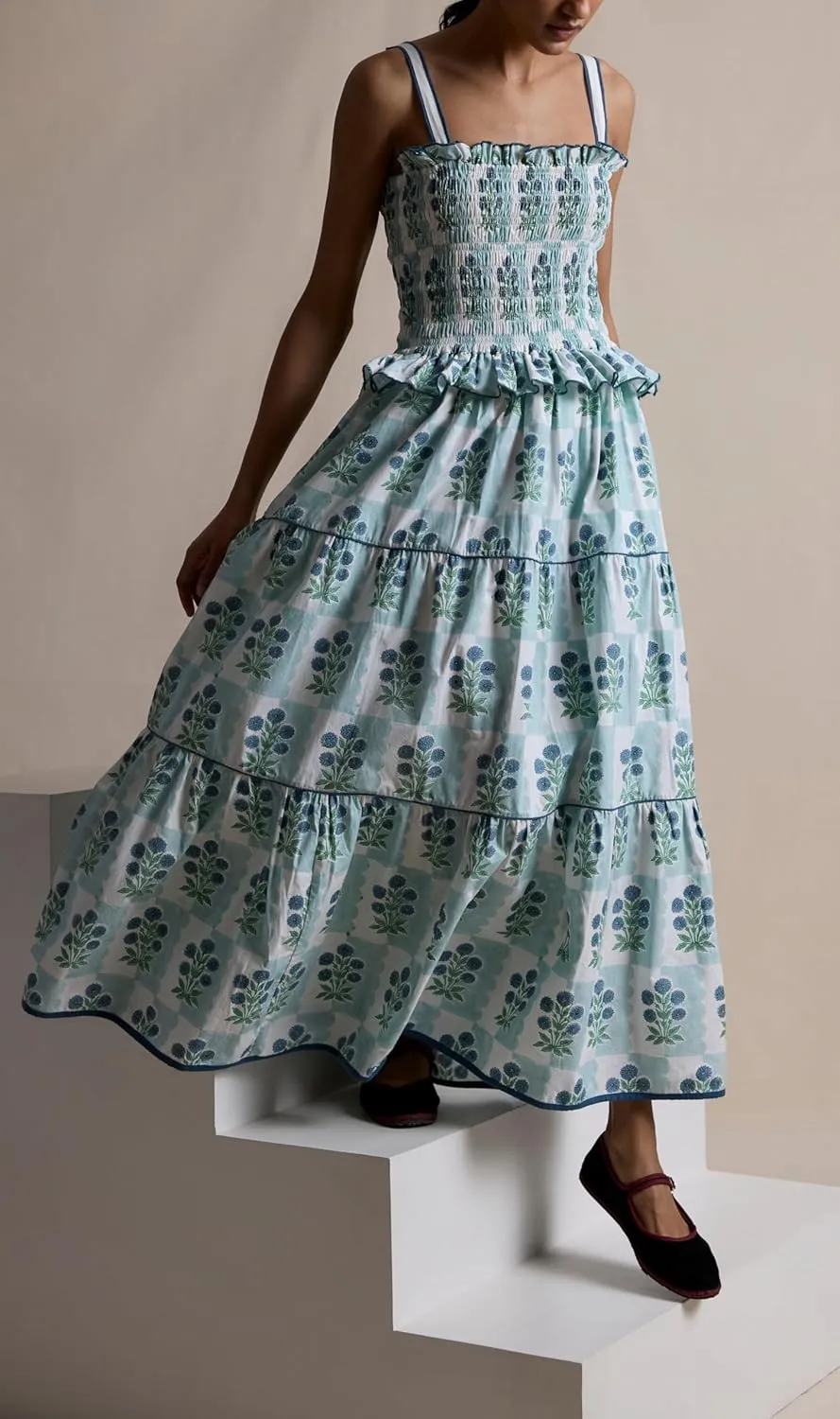 UAURORAO Women Floral Smocked Maxi Dress Frill Ruffle Tiered Flower Long Dresses Boho Flowy Vacation Beach Sundresses