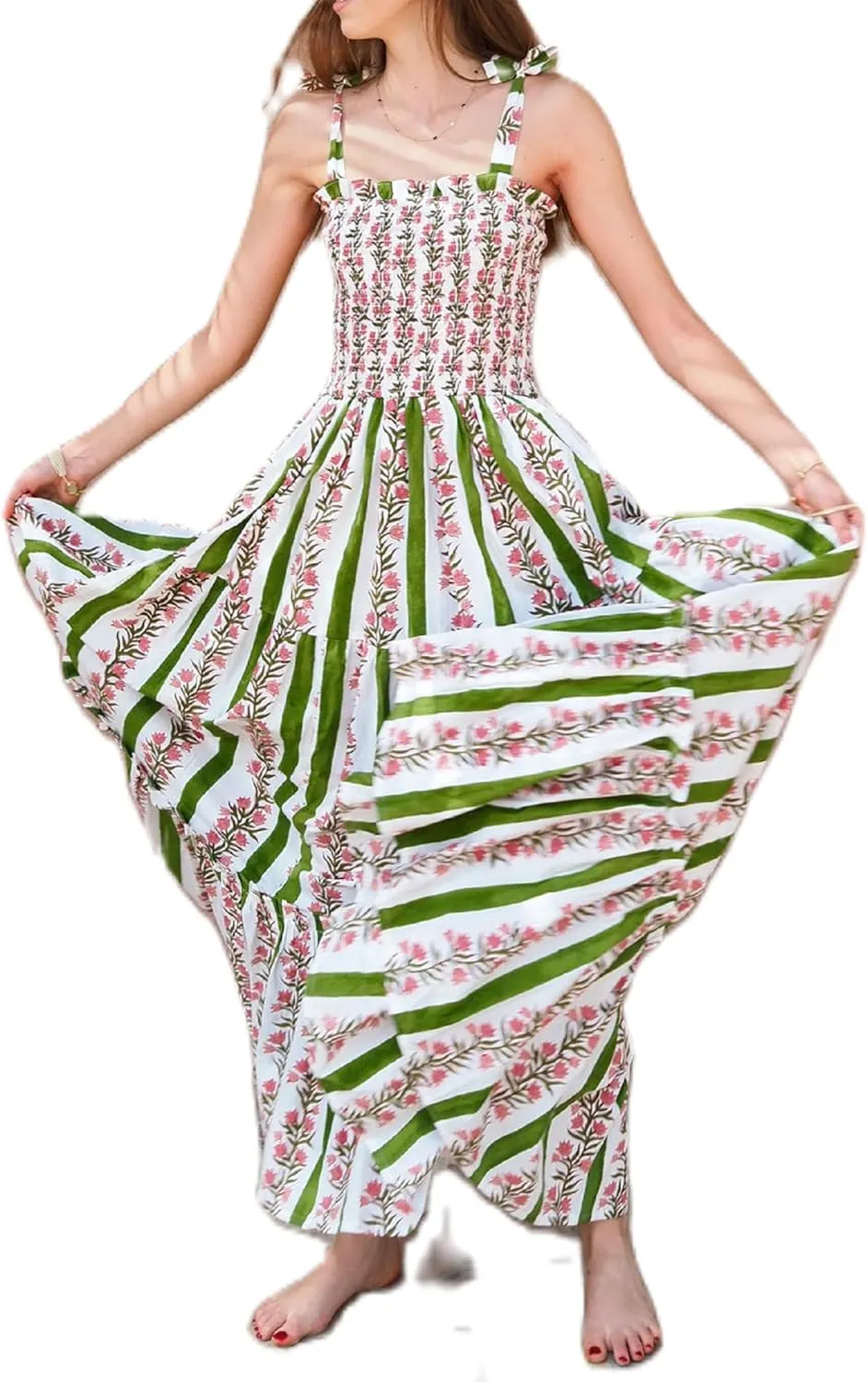 UAURORAO Women Floral Smocked Maxi Dress Frill Ruffle Tiered Flower Long Dresses Boho Flowy Vacation Beach Sundresses