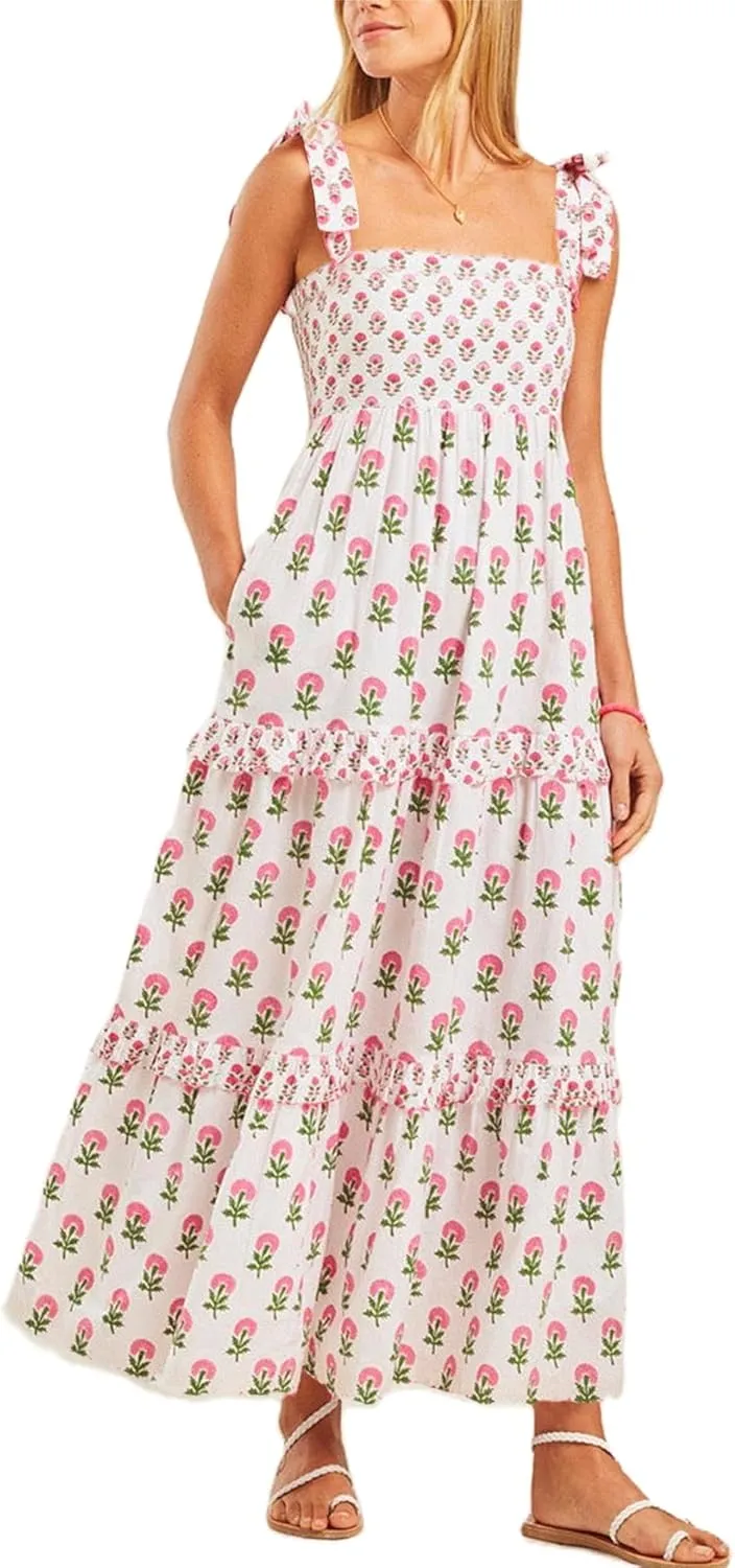 UAURORAO Women Floral Smocked Maxi Dress Frill Ruffle Tiered Flower Long Dresses Boho Flowy Vacation Beach Sundresses