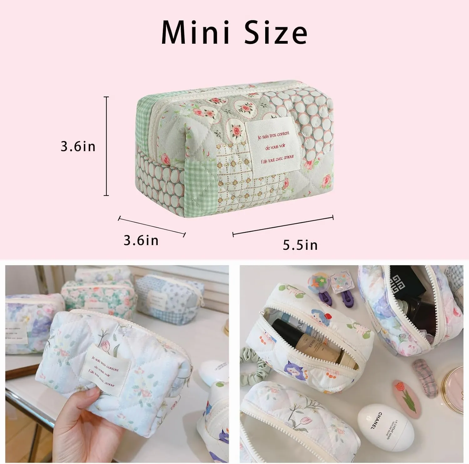 uekeboag Small Cute Floral Quilted Cotton Makeup Bag,Mini Coquette Quilted Cosmetic Pouch with Zipper,Kawaii Travel Toiletry Bags for Purse(04 Green Checked)