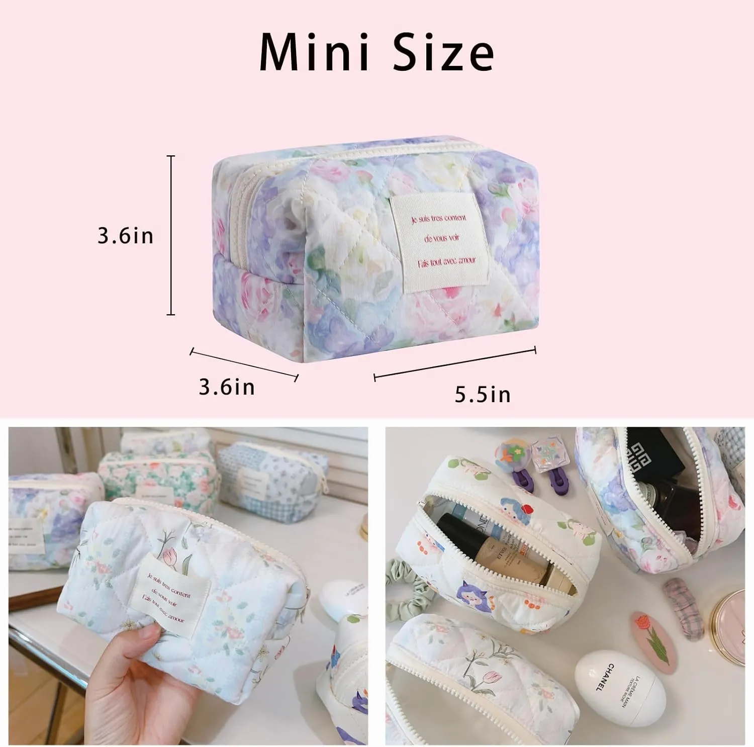 uekeboag Small Cute Floral Quilted Cotton Makeup Bag,Mini Coquette Quilted Cosmetic Pouch with Zipper,Kawaii Travel Toiletry Bags for Purse(06 Purple Flower)