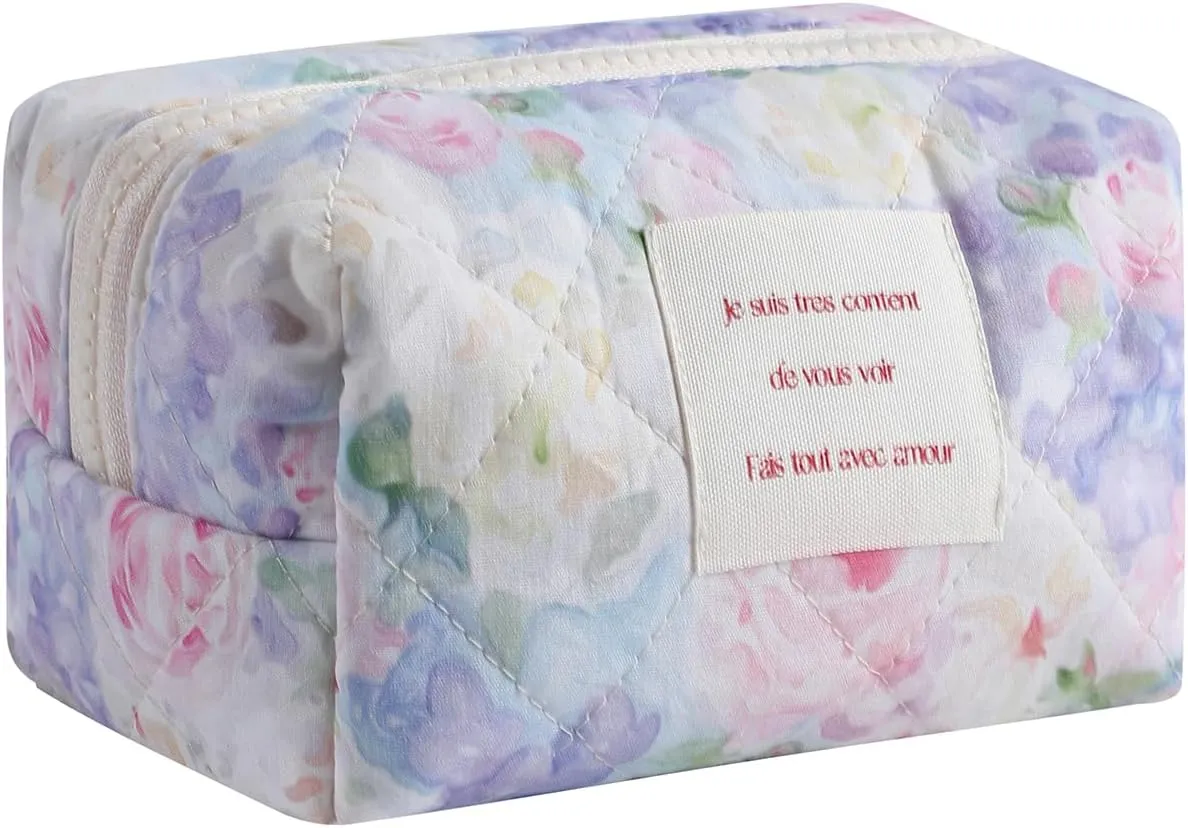 uekeboag Small Cute Floral Quilted Cotton Makeup Bag,Mini Coquette Quilted Cosmetic Pouch with Zipper,Kawaii Travel Toiletry Bags for Purse(06 Purple Flower)